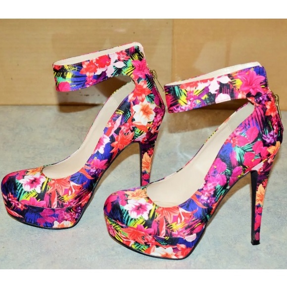 Qupid Sanity 04 Pink Multi Floral Print Ankle Strap Zip Up Back Stiletto Pumps - Picture 12 of 15